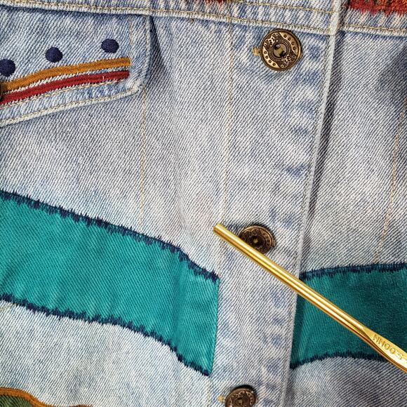 Petite Sophisticate Denim Patchwork Embroidered Crop Jacket Size Medium - Picture 8 of 14
